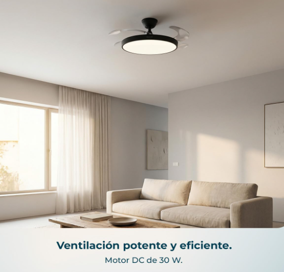 Ventilador de techo Cecotec EnergySilence Aero 300 Air Invisible Black con aspas retráctiles, motor DC 30W, luz LED, 6 velocidades y temporizador 4h