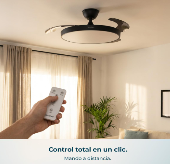 Ventilador de techo Cecotec EnergySilence Aero 300 Air Invisible Black con aspas retráctiles, motor DC 30W, luz LED, 6 velocidades y temporizador 4h