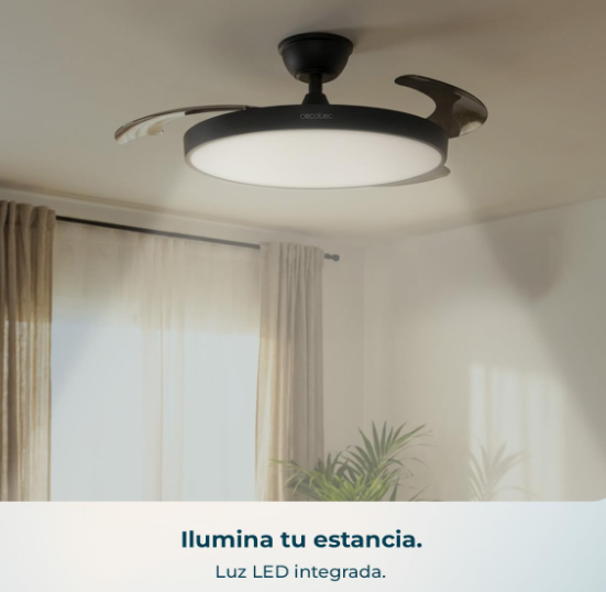Ventilador de techo Cecotec EnergySilence Aero 300 Air Invisible Black con aspas retráctiles, motor DC 30W, luz LED, 6 velocidades y temporizador 4h