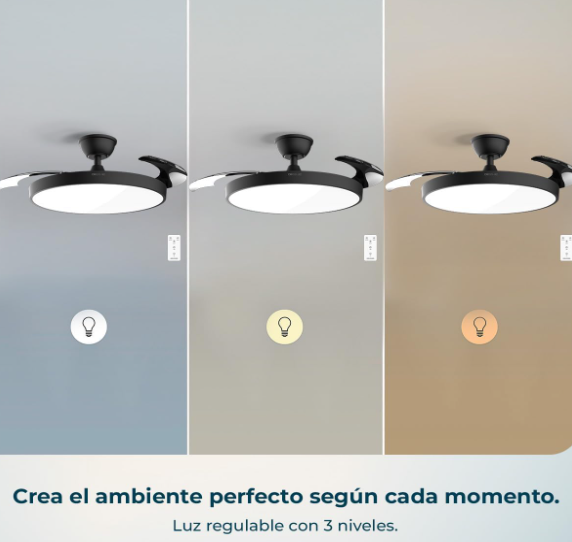 Ventilador de techo Cecotec EnergySilence Aero 300 Air Invisible Black con aspas retráctiles, motor DC 30W, luz LED, 6 velocidades y temporizador 4h