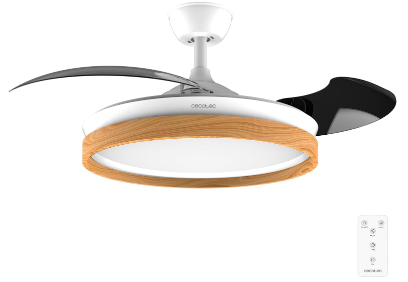 Ventilador de techo Cecotec EnergySilence Aero 4320 Invisible Wood&White con aspas retráctiles, luz LED regulable, 35W, 6 velocidades y temporizador