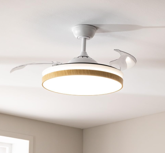 Ventilador de techo Cecotec EnergySilence Aero 4320 Invisible Wood&White con aspas retráctiles, luz LED regulable, 35W, 6 velocidades y temporizador