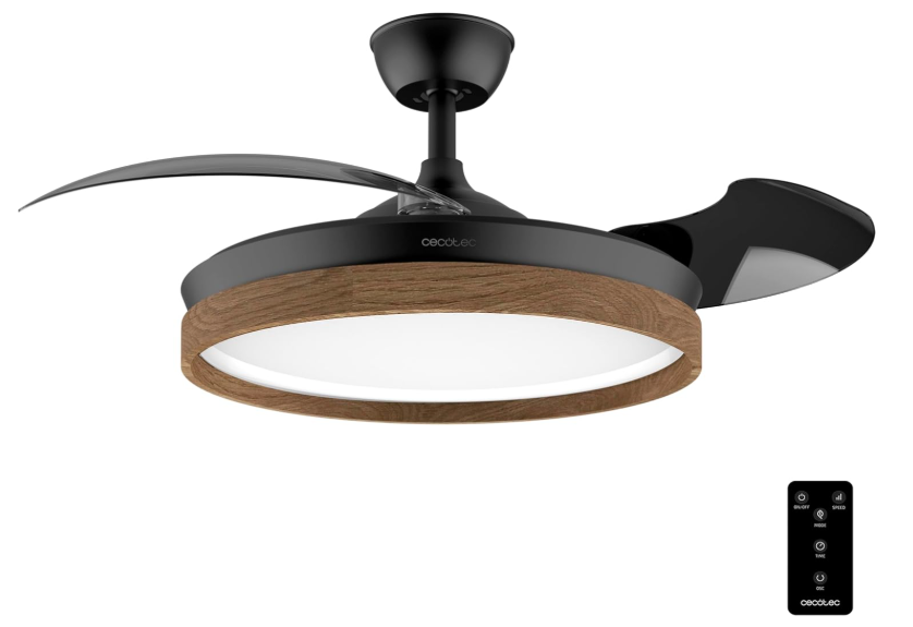 Ventilador de techo Cecotec EnergySilence Aero 4320 Invisible Wood&Black con aspas retráctiles, luz LED regulable, 35W, 6 velocidades y temporizador