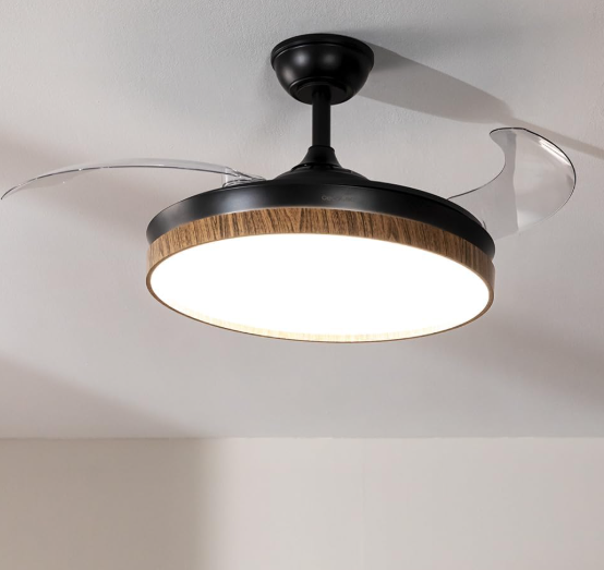Ventilador de techo Cecotec EnergySilence Aero 4320 Invisible Wood&Black con aspas retráctiles, luz LED regulable, 35W, 6 velocidades y temporizador