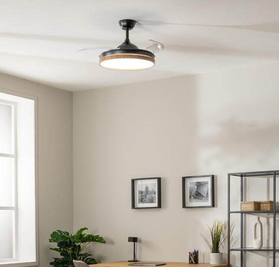 Ventilador de techo Cecotec EnergySilence Aero 4320 Invisible Wood&Black con aspas retráctiles, luz LED regulable, 35W, 6 velocidades y temporizador