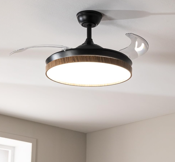Ventilador de techo Cecotec EnergySilence Aero 4320 Invisible Wood&Black con aspas retráctiles, luz LED regulable, 35W, 6 velocidades y temporizador