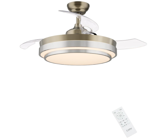 Ventilador de techo CJOY 107 cm con aspas retráctiles, luz regulable, 6 velocidades, modo reversible, temporizador y memoria 3 CCT