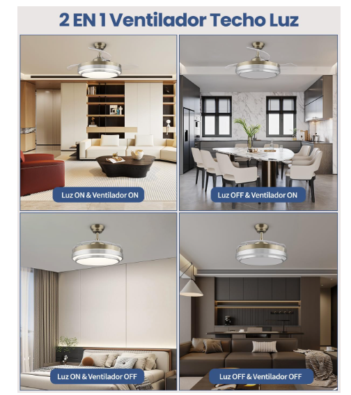 Ventilador de techo CJOY 107 cm con aspas retráctiles, luz regulable, 6 velocidades, modo reversible, temporizador y memoria 3 CCT