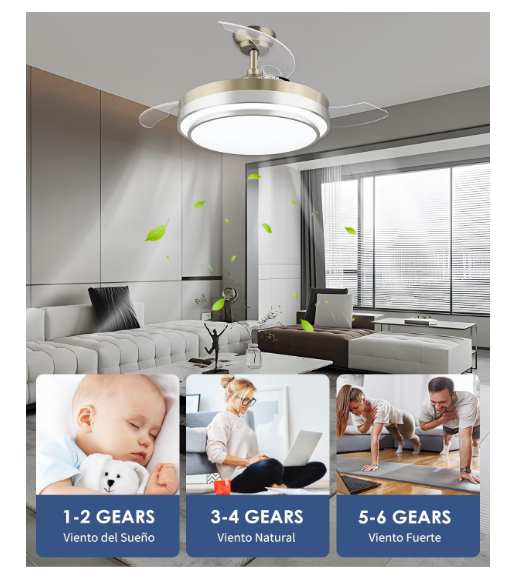 Ventilador de techo CJOY 107 cm con aspas retráctiles, luz regulable, 6 velocidades, modo reversible, temporizador y memoria 3 CCT