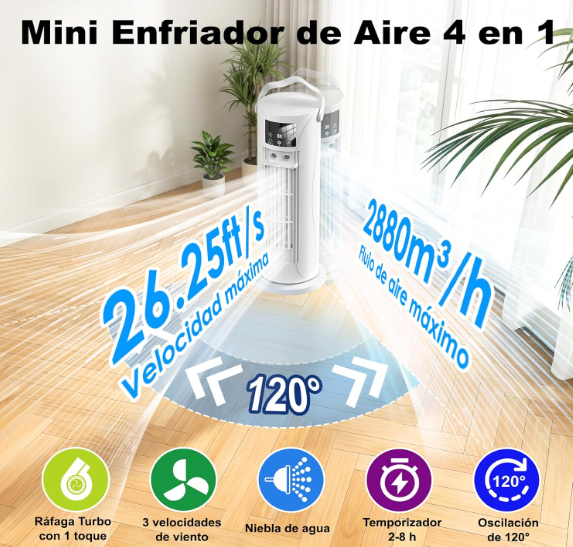 Mini aire acondicionado portátil sin tubo con nebulización, 4 velocidades, temporizador y diseño silencioso para oficina y dormitorio