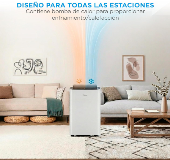 Aire acondicionado portátil MIDEA 12000 BTU frío y calor con bomba de calor 3500W, 4 modos, kit de ventana y control remoto