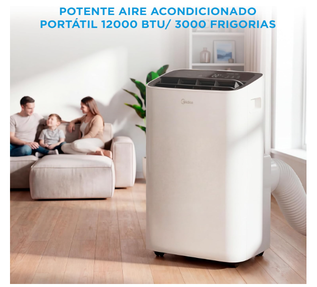 Aire acondicionado portátil MIDEA 12000 BTU frío y calor con bomba de calor 3500W, 4 modos, kit de ventana y control remoto
