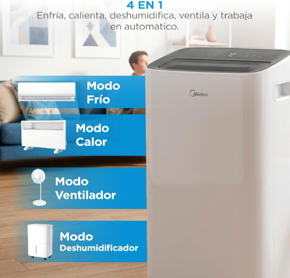 Aire acondicionado portátil MIDEA 12000 BTU frío y calor con bomba de calor 3500W, 4 modos, kit de ventana y control remoto