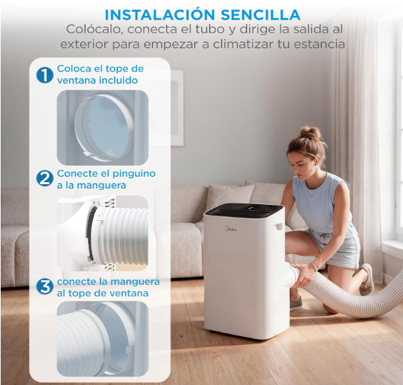Aire acondicionado portátil MIDEA 12000 BTU frío y calor con bomba de calor 3500W, 4 modos, kit de ventana y control remoto
