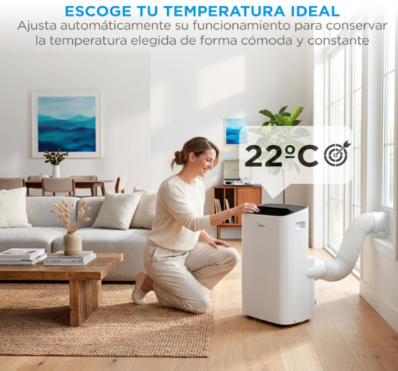 Aire acondicionado portátil MIDEA 12000 BTU frío y calor con bomba de calor 3500W, 4 modos, kit de ventana y control remoto