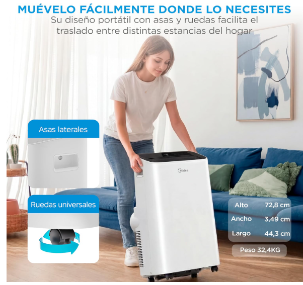 Aire acondicionado portátil MIDEA 12000 BTU frío y calor con bomba de calor 3500W, 4 modos, kit de ventana y control remoto