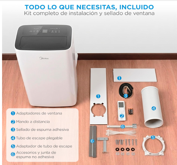 Aire acondicionado portátil MIDEA 12000 BTU frío y calor con bomba de calor 3500W, 4 modos, kit de ventana y control remoto
