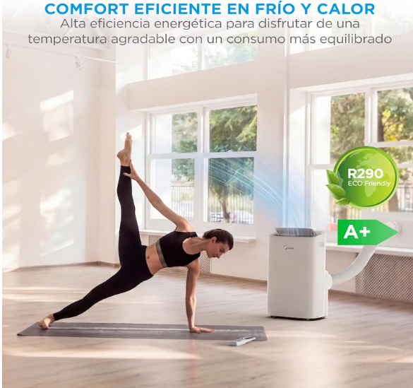 Aire acondicionado portátil MIDEA 12000 BTU frío y calor con bomba de calor 3500W, 4 modos, kit de ventana y control remoto