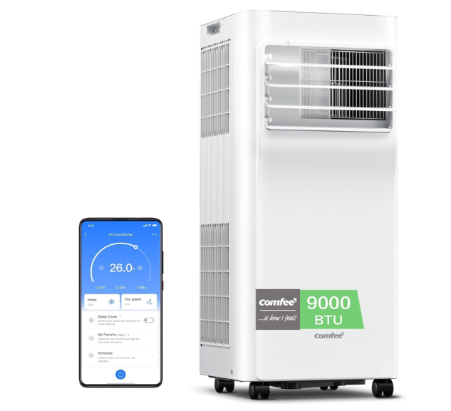 Aire acondicionado portátil COMFEE 9000 BTU 3 en 1 con App, mando a distancia, deshumidificador, bajo consumo y kit de ventana