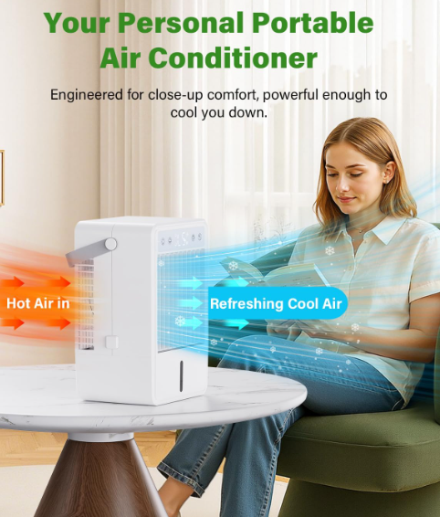 Mini aire acondicionado CURVAOP portátil 1.5L con 5 velocidades, 3 modos de neblina, temporizador 10H, USB, luz RGB y mando a distancia