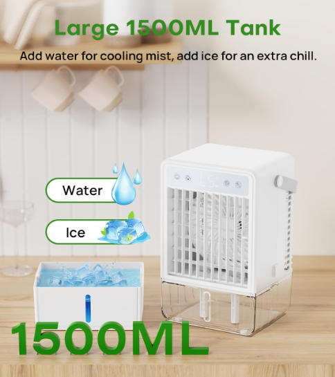Mini aire acondicionado CURVAOP portátil 1.5L con 5 velocidades, 3 modos de neblina, temporizador 10H, USB, luz RGB y mando a distancia