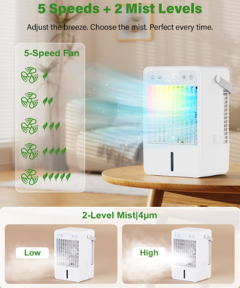 Mini aire acondicionado CURVAOP portátil 1.5L con 5 velocidades, 3 modos de neblina, temporizador 10H, USB, luz RGB y mando a distancia