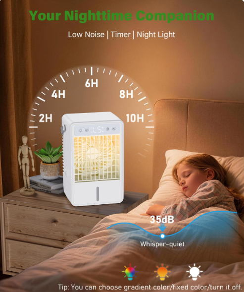 Mini aire acondicionado CURVAOP portátil 1.5L con 5 velocidades, 3 modos de neblina, temporizador 10H, USB, luz RGB y mando a distancia