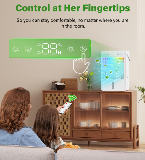 Mini aire acondicionado CURVAOP portátil 1.5L con 5 velocidades, 3 modos de neblina, temporizador 10H, USB, luz RGB y mando a distancia