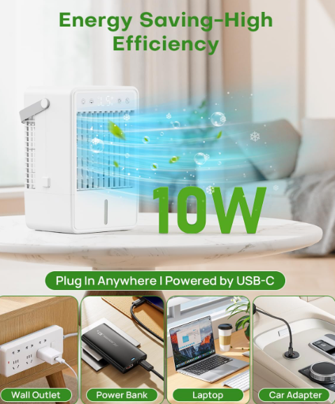 Mini aire acondicionado CURVAOP portátil 1.5L con 5 velocidades, 3 modos de neblina, temporizador 10H, USB, luz RGB y mando a distancia