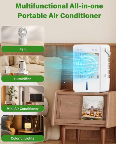 Mini aire acondicionado CURVAOP portátil 1.5L con 5 velocidades, 3 modos de neblina, temporizador 10H, USB, luz RGB y mando a distancia
