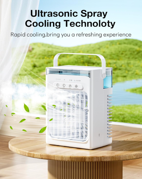 Aire acondicionado portátil sin tubo QEEKADA 6 en 1 con oscilación 120°, depósito 1.2L, temporizador 12H y mando a distancia