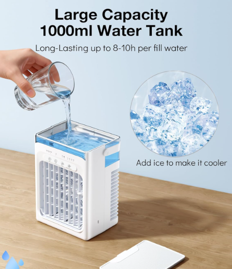 Aire acondicionado portátil sin tubo QEEKADA 6 en 1 con oscilación 120°, depósito 1.2L, temporizador 12H y mando a distancia
