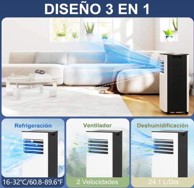 Aire acondicionado portátil HOMCOM 9000 BTU 3 en 1 con deshumidificador 24,1 L/día, pantalla LED, temporizador 24H y control remoto