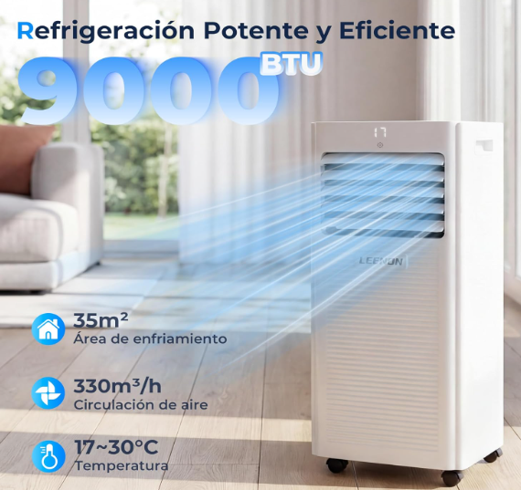 Aire acondicionado portátil LEENON 9000 BTU 4 en 1 con deshumidificador, ventilación, modo sueño, temporizador 24H y kit de ventana