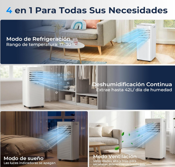 Aire acondicionado portátil LEENON 9000 BTU 4 en 1 con deshumidificador, ventilación, modo sueño, temporizador 24H y kit de ventana