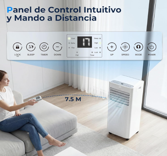 Aire acondicionado portátil LEENON 9000 BTU 4 en 1 con deshumidificador, ventilación, modo sueño, temporizador 24H y kit de ventana