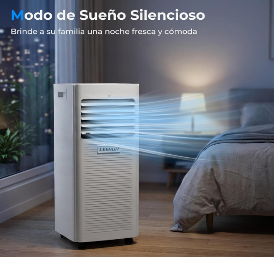 Aire acondicionado portátil LEENON 9000 BTU 4 en 1 con deshumidificador, ventilación, modo sueño, temporizador 24H y kit de ventana