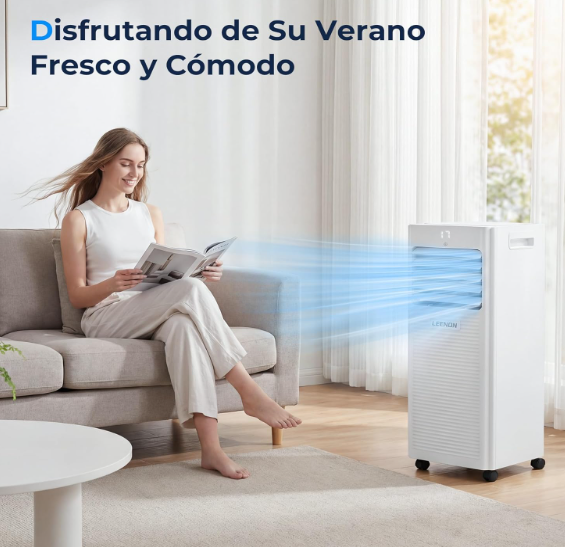 Aire acondicionado portátil LEENON 9000 BTU 4 en 1 con deshumidificador, ventilación, modo sueño, temporizador 24H y kit de ventana