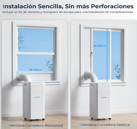 Aire acondicionado portátil LEENON 9000 BTU 4 en 1 con deshumidificador, ventilación, modo sueño, temporizador 24H y kit de ventana