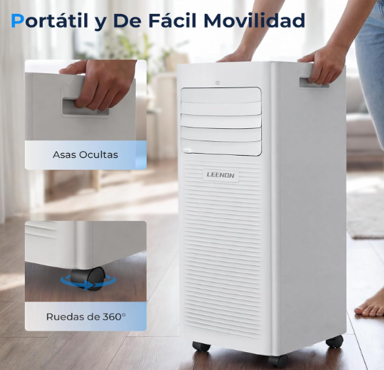 Aire acondicionado portátil LEENON 9000 BTU 4 en 1 con deshumidificador, ventilación, modo sueño, temporizador 24H y kit de ventana