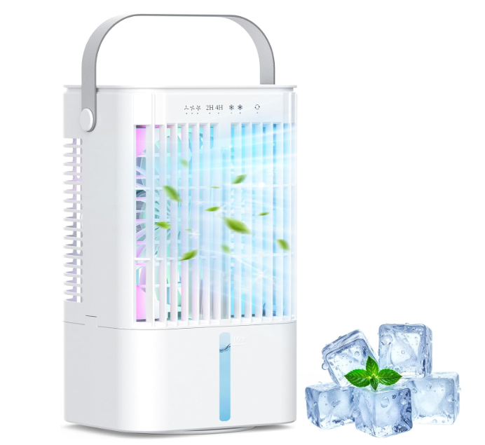 Mini aire acondicionado portátil Mowend 1200 ml con 3 velocidades, niebla fría, luz nocturna 7 colores y funcionamiento silencioso