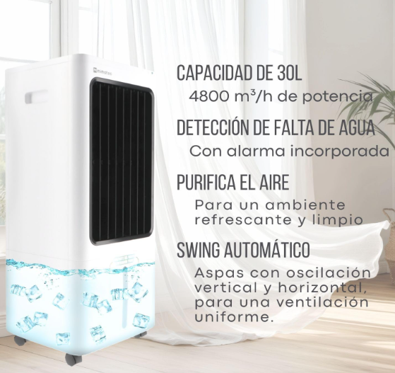 Aire acondicionado portátil evaporativo Leduni 30L 100W con mando a distancia, bajo consumo e ideal para 25–30 m³